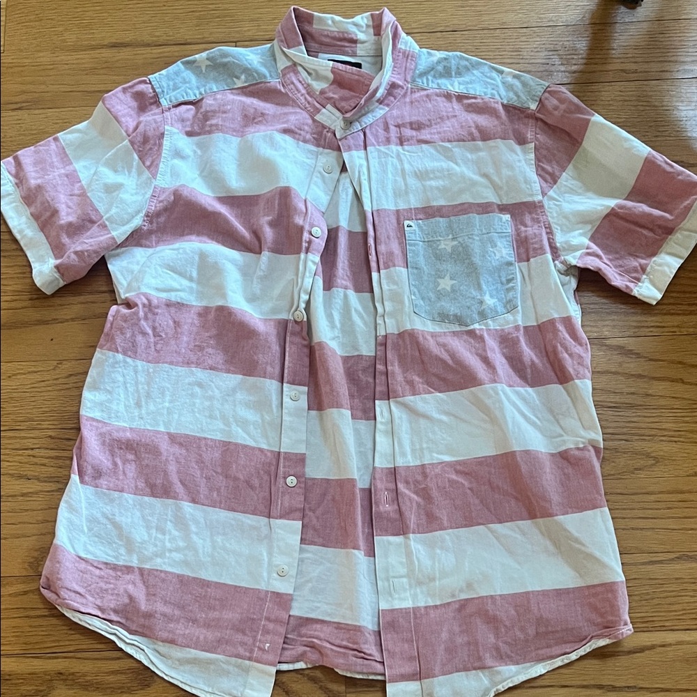 Quiksilver Red and White Striped Patriotic Fourth of July Men's Shirt XL